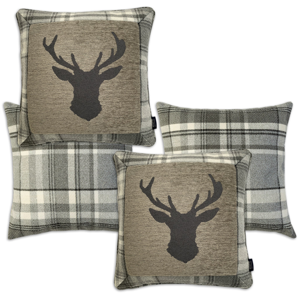 McAlister Textiles Stag Charcoal Grey Tartan 43cm x 43cm Cushion Set Cushions and Covers Set of 4 cushions 
