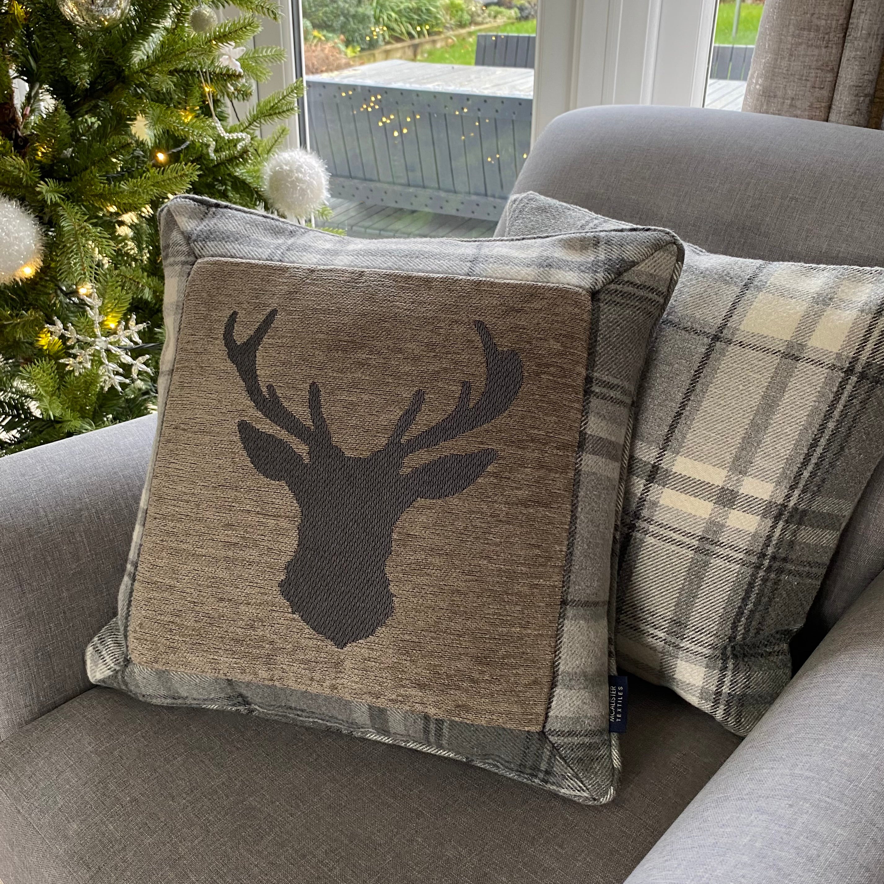 McAlister Textiles Stag Charcoal Grey Tartan 43cm x 43cm Cushion Set Cushions and Covers 