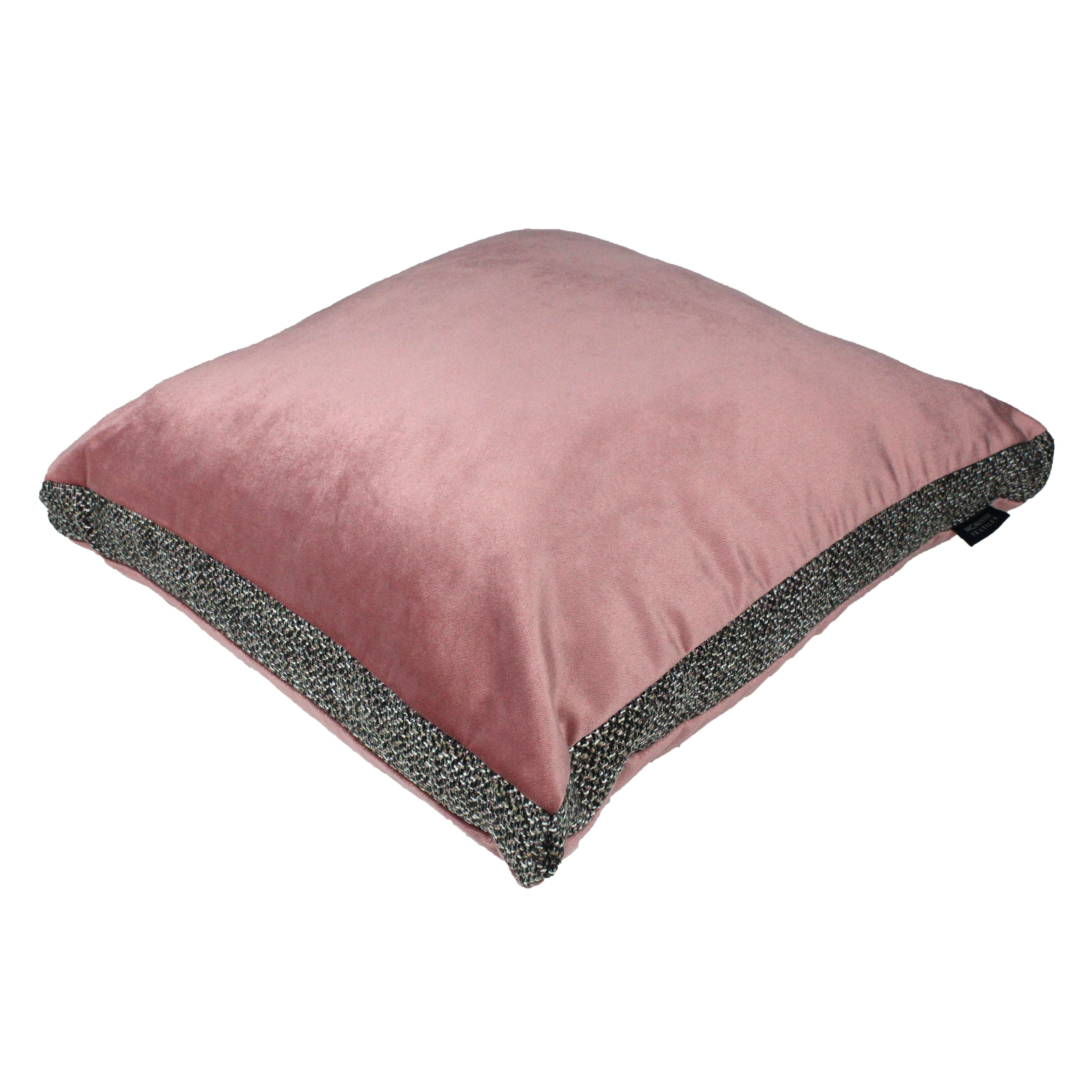 McAlister Textiles Lewis Tweed and Velvet Insert Edge Cushion Grey Heather and Pink Cushions and Covers Supplied Filled 50cm x 50cm x 5cm 