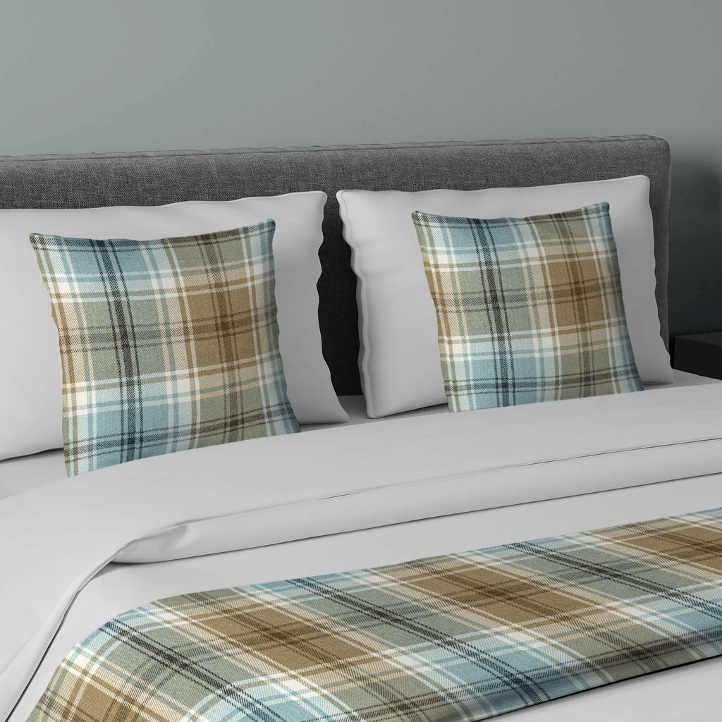 McAlister Textiles Angus Duck Egg Blue Tartan Bedding Set Bedding Set Runner (50x240cm) + 2x Cushion Covers 