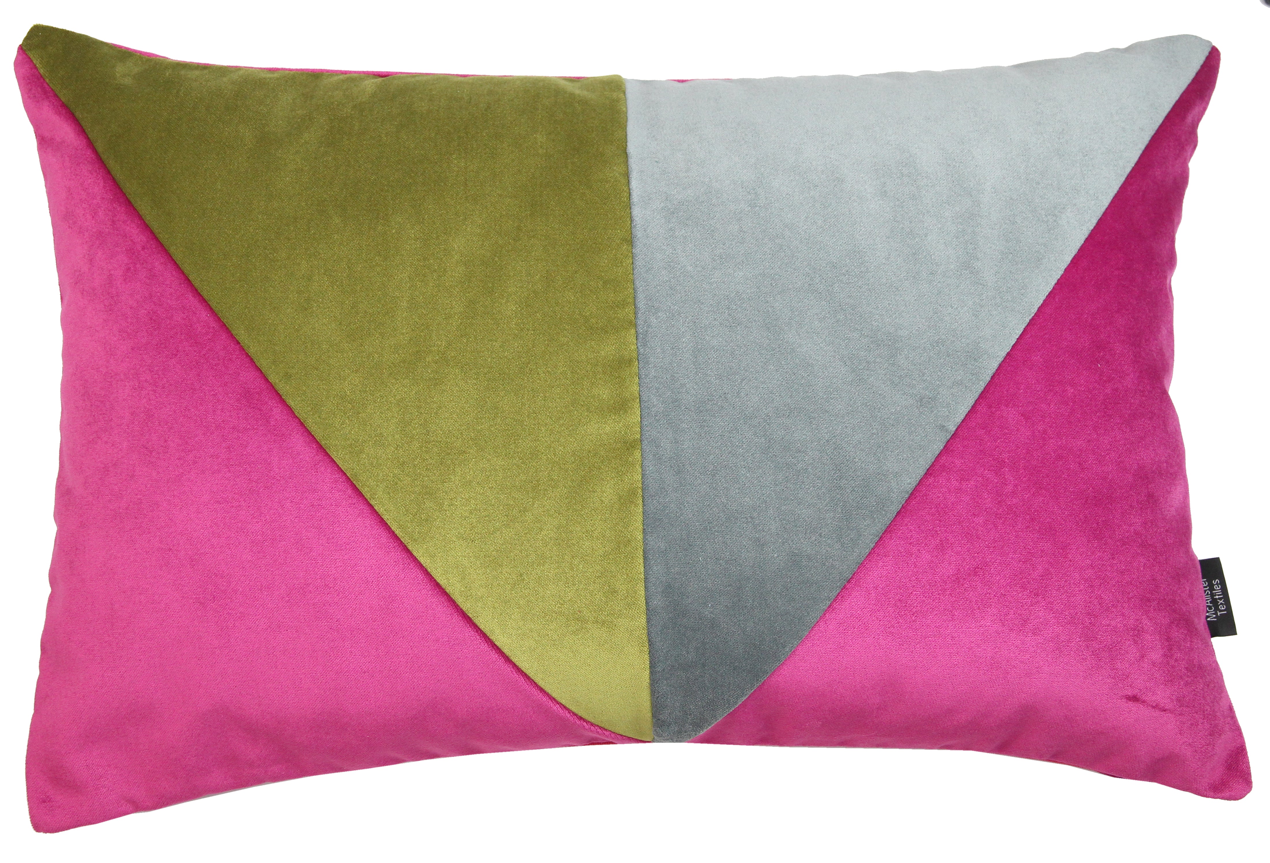 McAlister Textiles 3 Colour Patchwork Velvet Fuchsia, Lime + Grey Pillow Pillow Cover Only 50cm x 30cm 