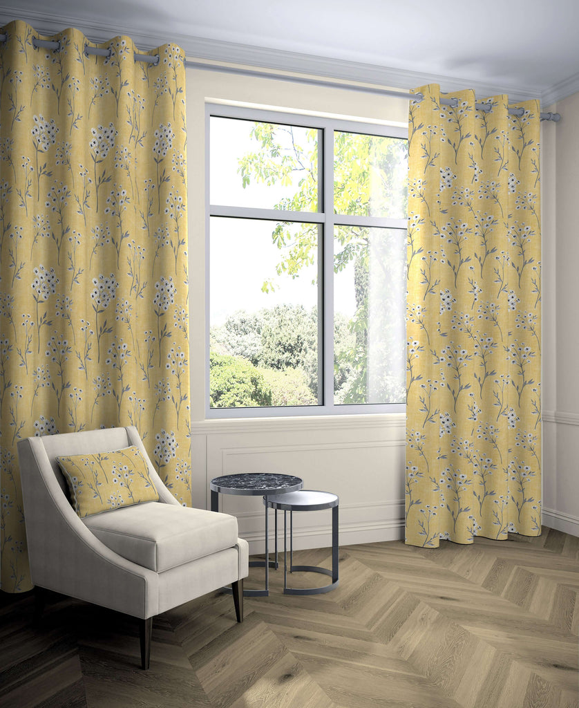 McAlister Textiles Meadow Yellow Floral FR Curtains Tailored Curtains 