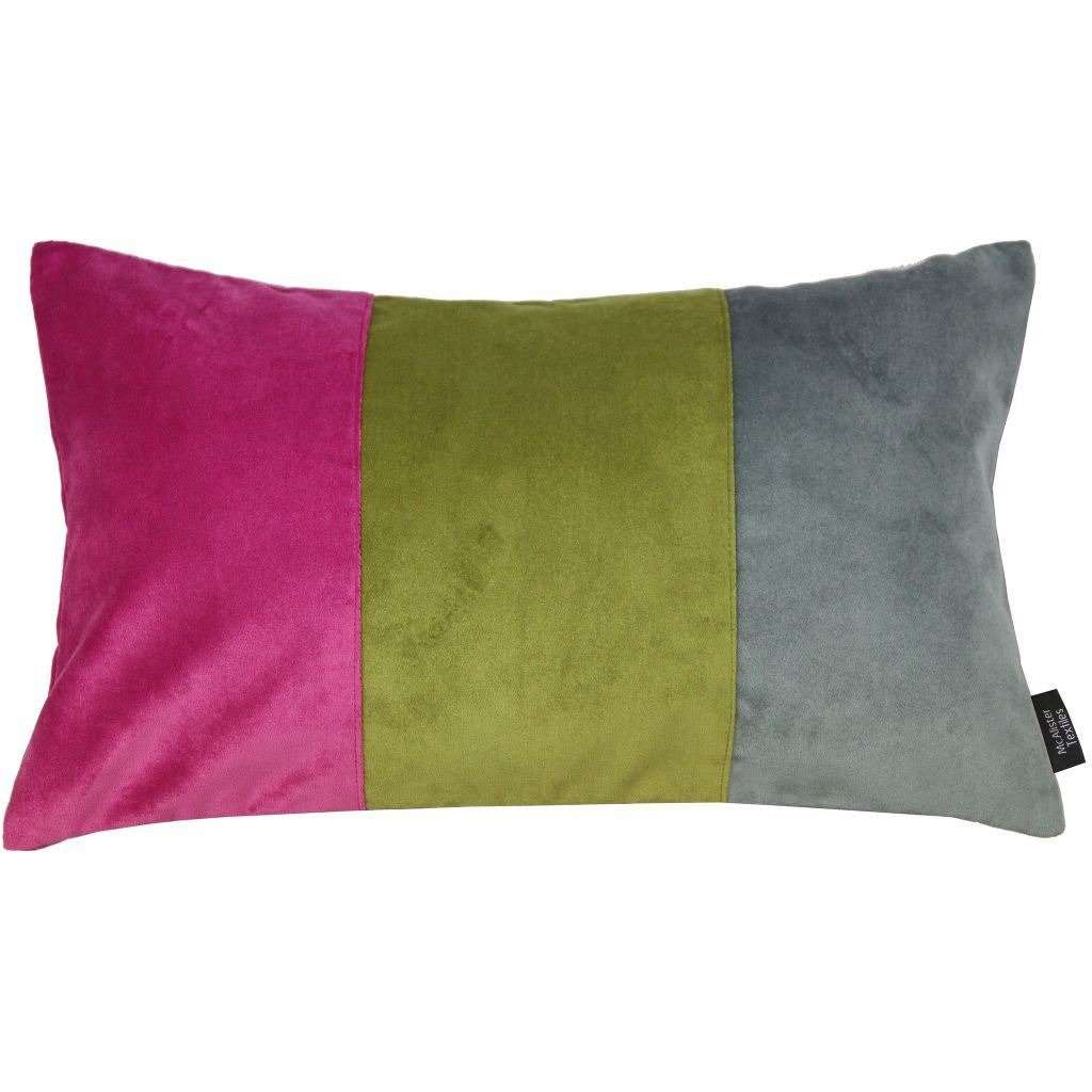 McAlister Textiles 3 Colour Patchwork Velvet Pink, Green + Grey Pillow Pillow Cover Only 50cm x 30cm 