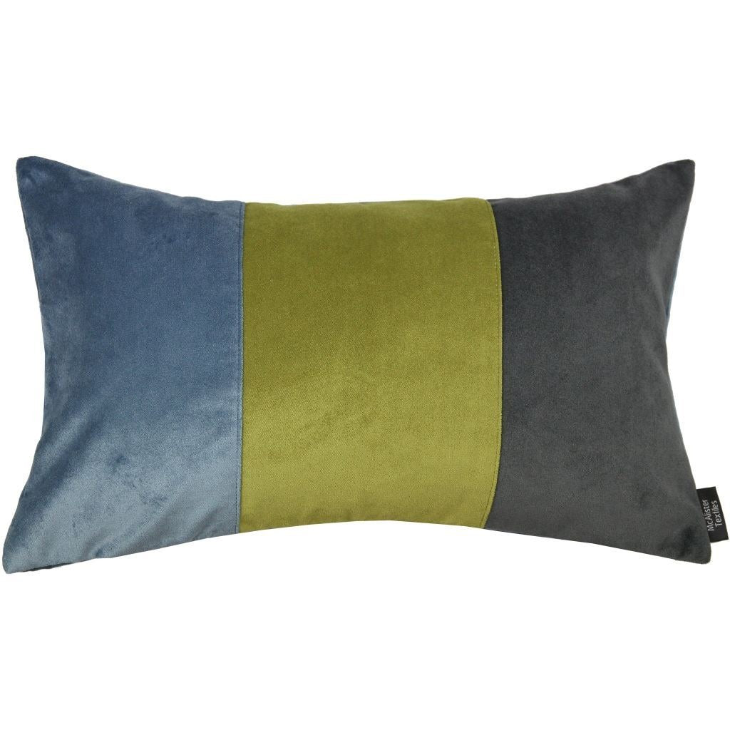 McAlister Textiles 3 Colour Patchwork Velvet Blue, Green + Grey Pillow Pillow Cover Only 50cm x 30cm 