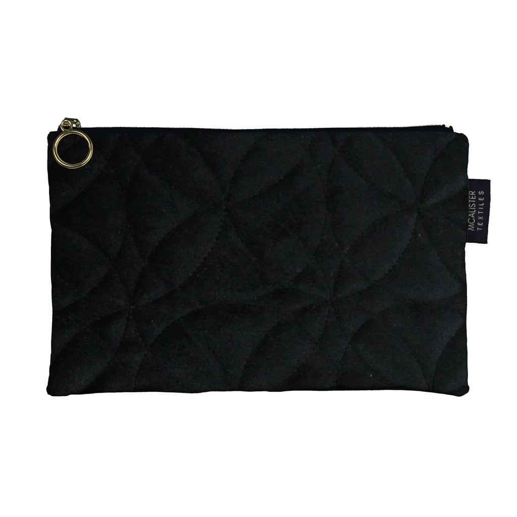 McAlister Textiles Circular Pattern Black Velvet Makeup Bag - Large Clutch Bag 