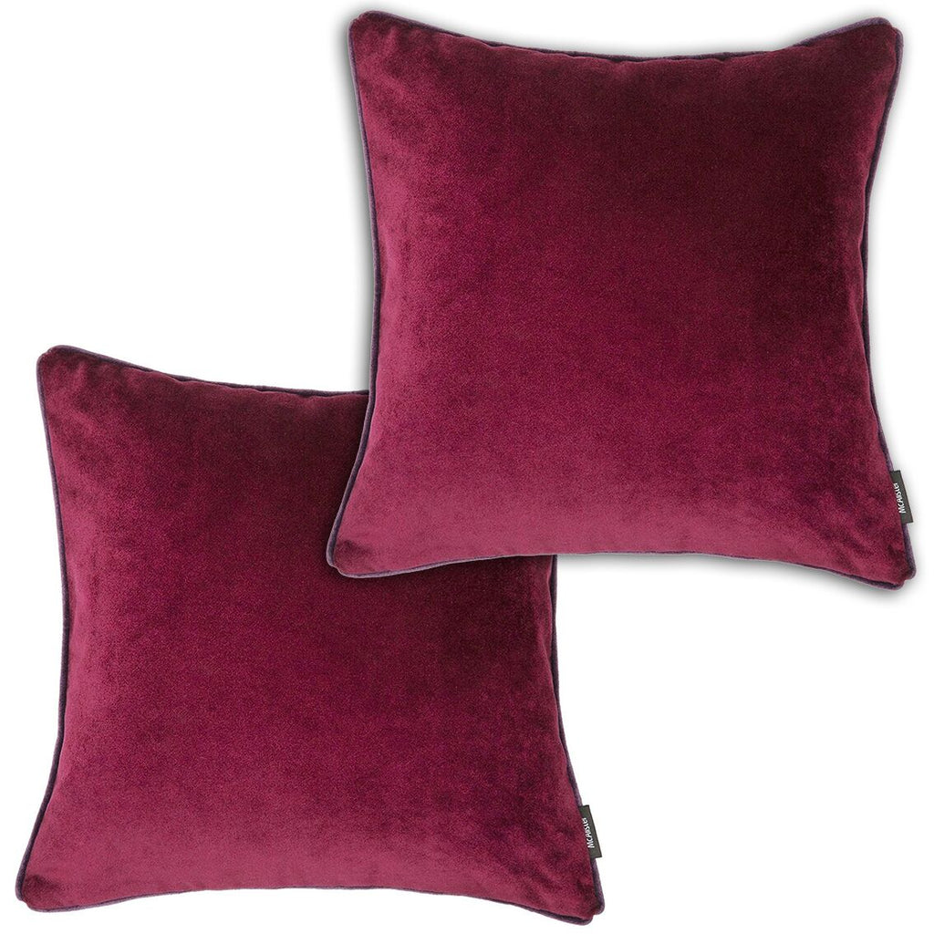 McAlister Textiles Matt Wine Red Velvet 43cm x 43cm Piped Cushion Sets Cushions and Covers Cushion Covers Set of 2 