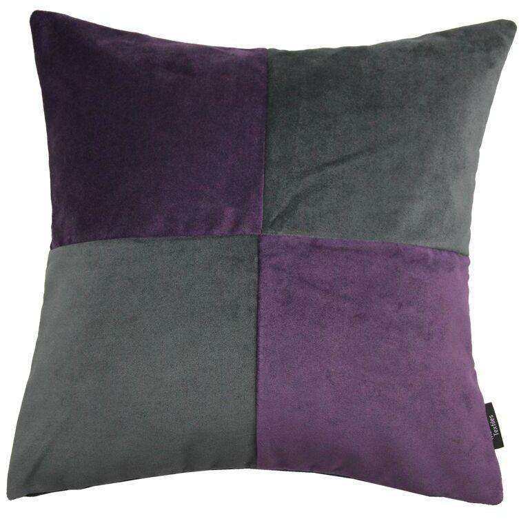 McAlister Textiles Square Patchwork Velvet Dark Purple + Grey Cushion Cushions and Covers Polyester Filler 60cm x 60cm 