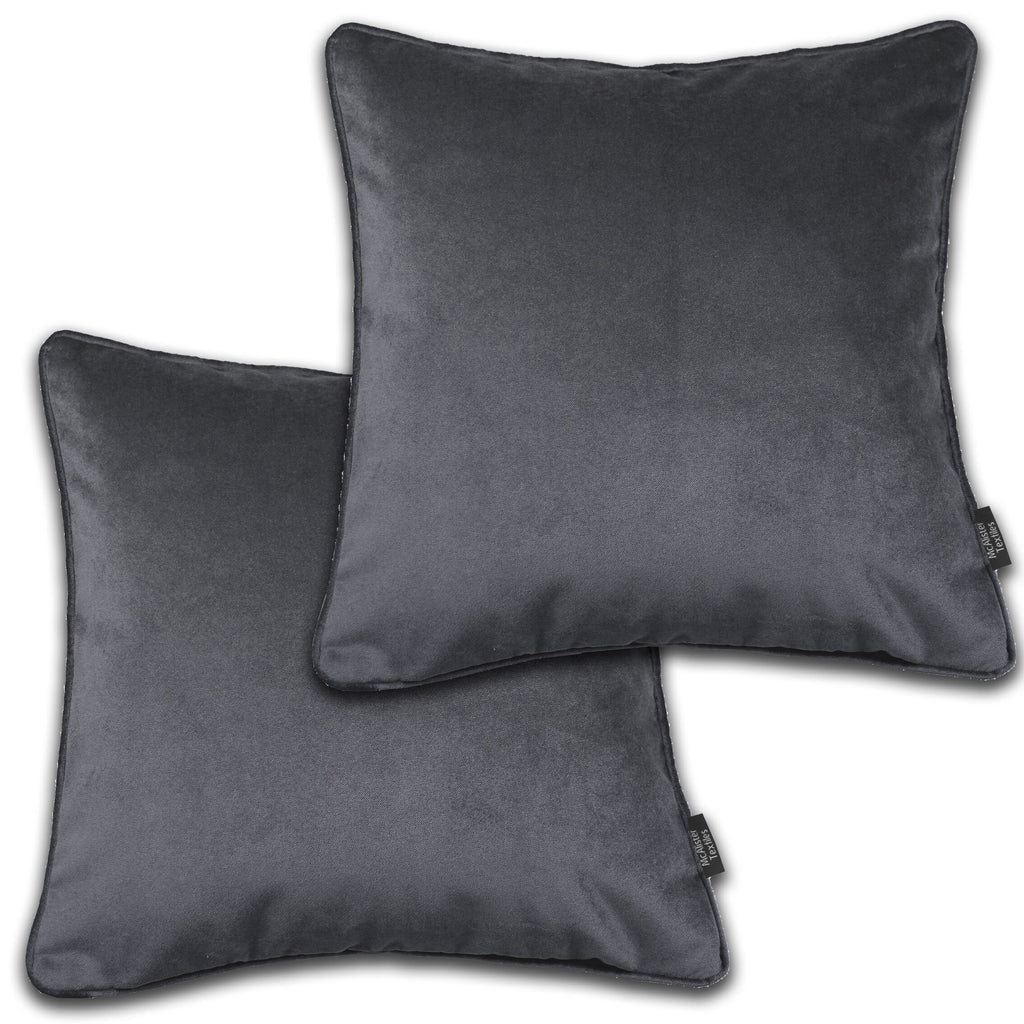 McAlister Textiles Matt Charcoal Grey Velvet 43cm x 43cm Piped Cushion Sets Cushions and Covers Cushion Covers Set of 2 